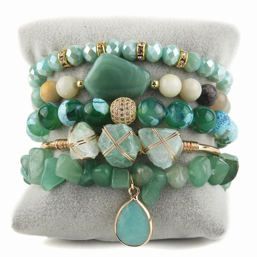 Ensemble 5 bracelets Bohème – Pierres naturelles & cristaux